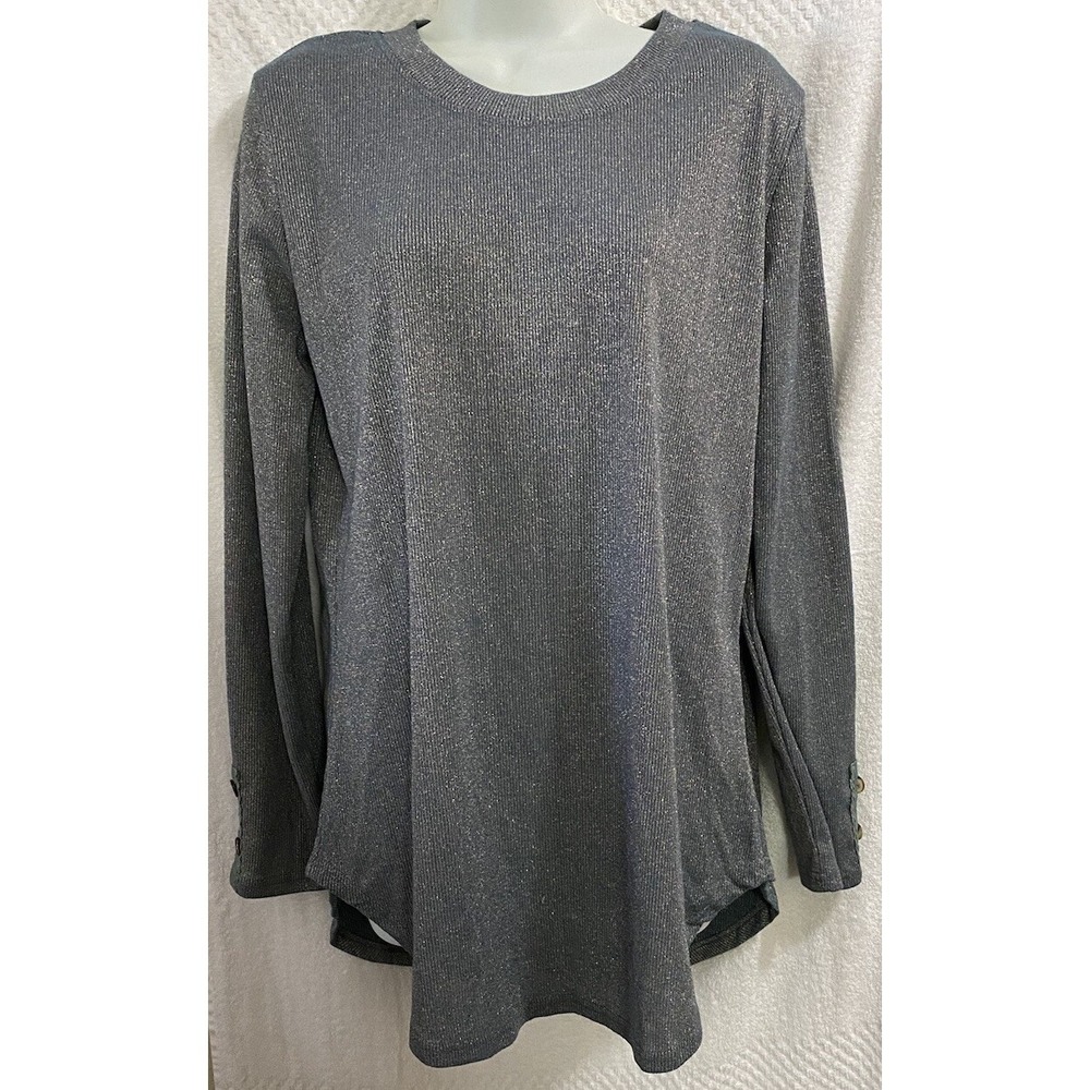 Amaryllis Metallic Blue Tunic Knit Top Size XL Buttons Crochet‎ Long Sleeve EUC
